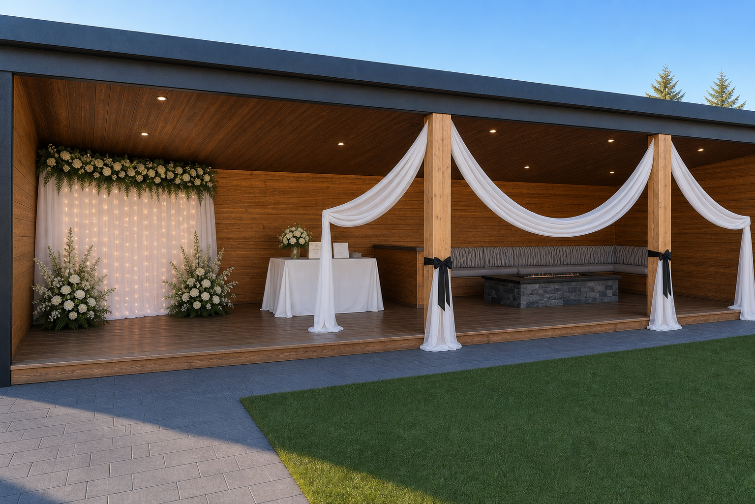 Approved mockup of pavilion photo backdrop and guest book table
