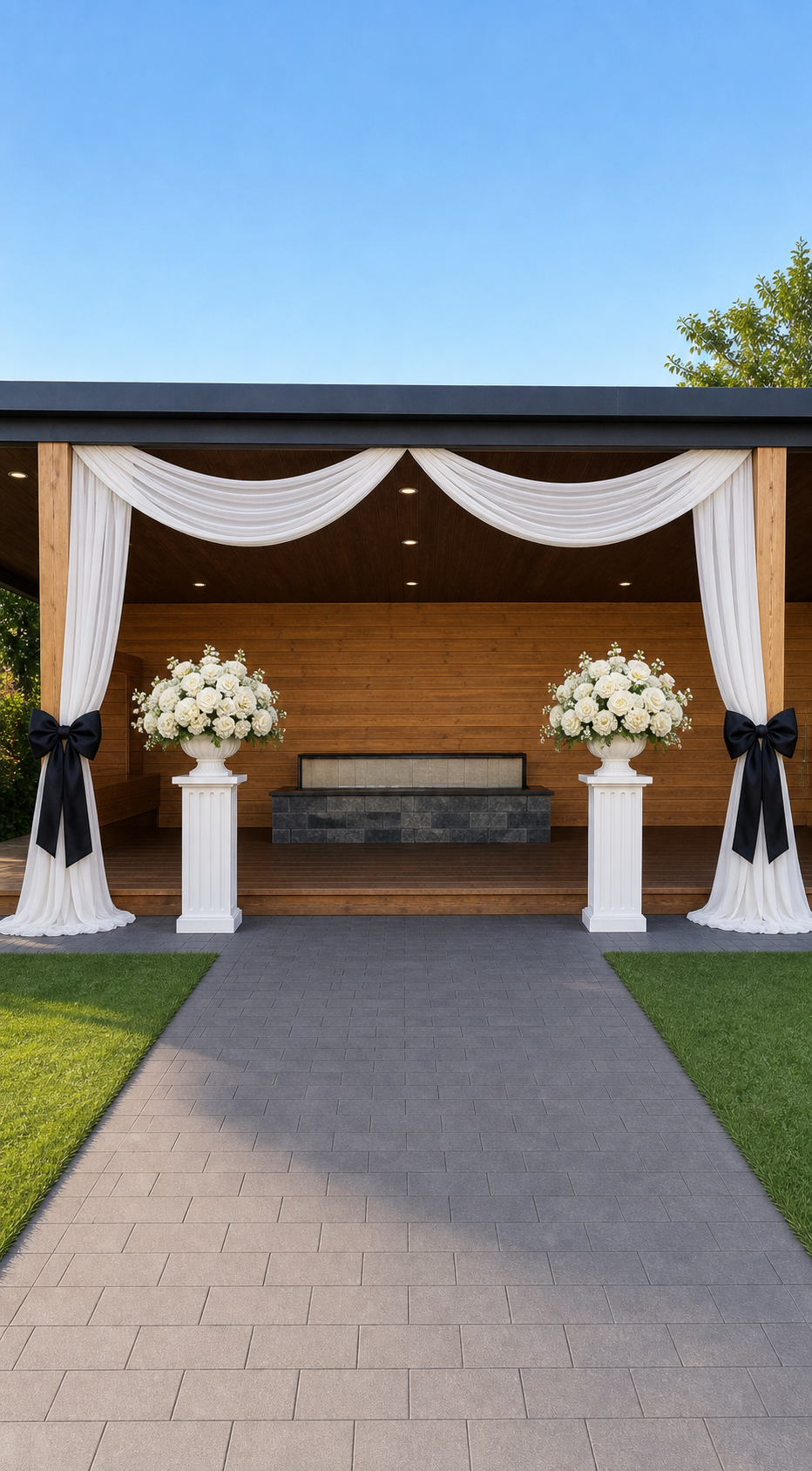 Approved mockup of middle pavilion drapery with black bows and white floral pillars