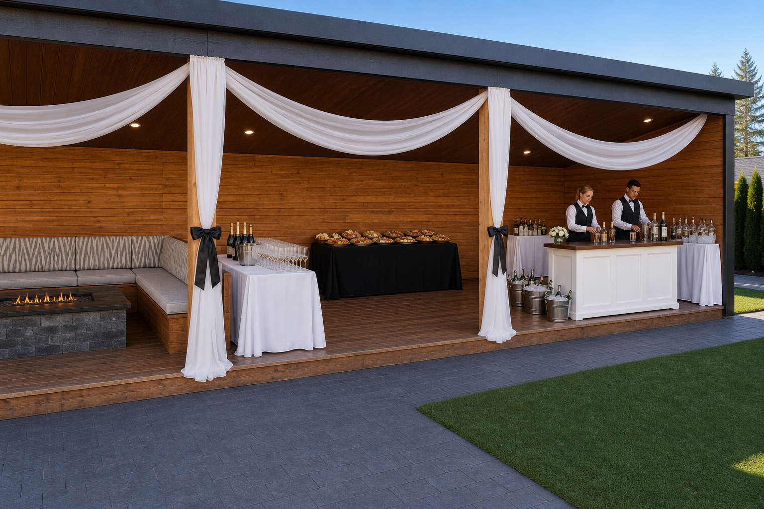 Approved mockup of right pavilion bar side with charcuterie, champagne, and ice tables